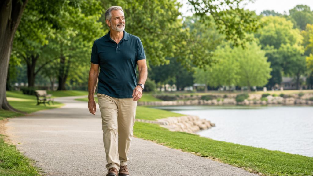 Man walking outdoors as part of healthy prostate wellness habits