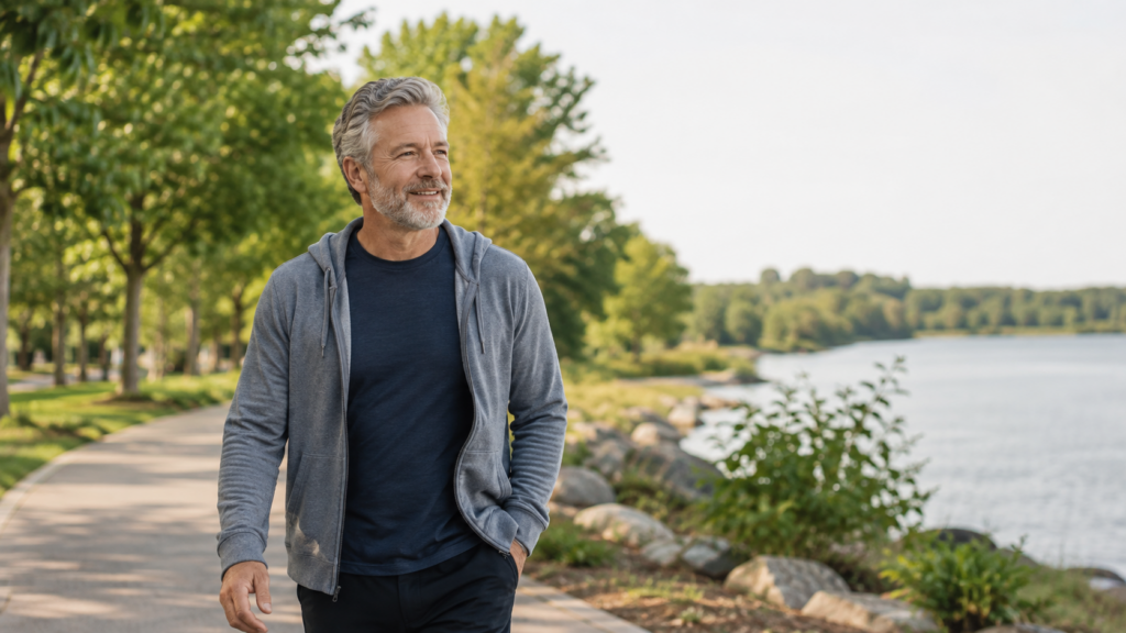 Man walking outdoors as part of healthy urinary wellness habits