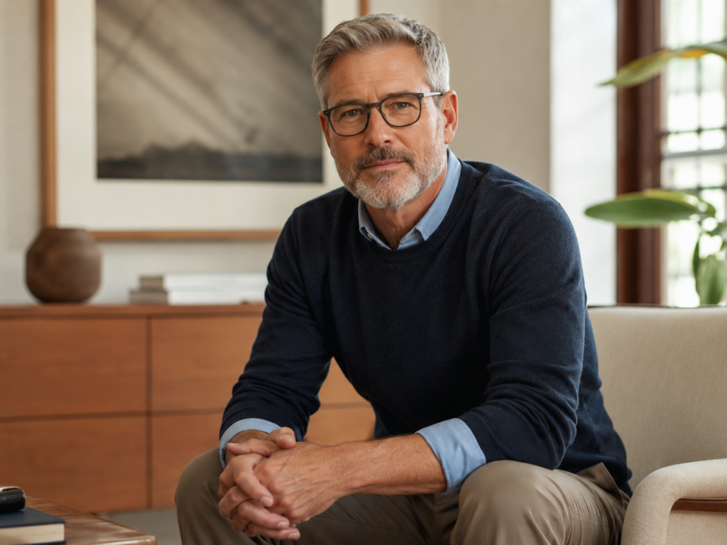 Man discussing prostate wellness signs in a comfortable indoor setting